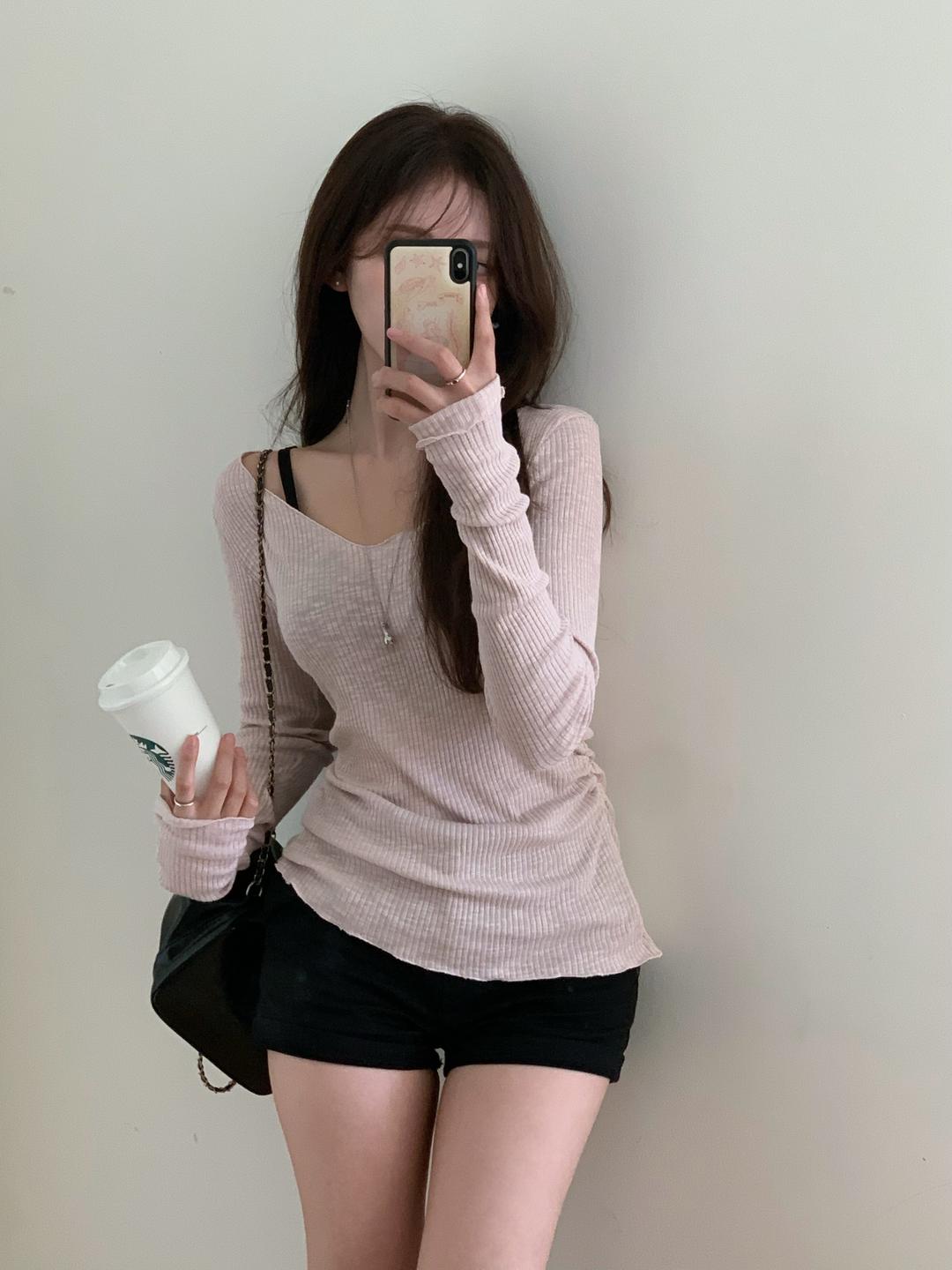 오브더로지 [-3kg/청순여리] 수지 브이넥 여리핏 티셔츠 셔링 골지 핑크 니트 (4col)