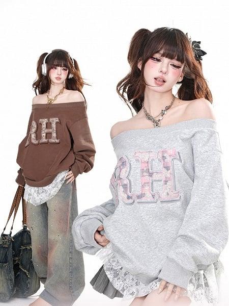 [$37.30]Brown/Gray Off-the-shoulder Neckline Letter Embroidery Loose Sweatshirt