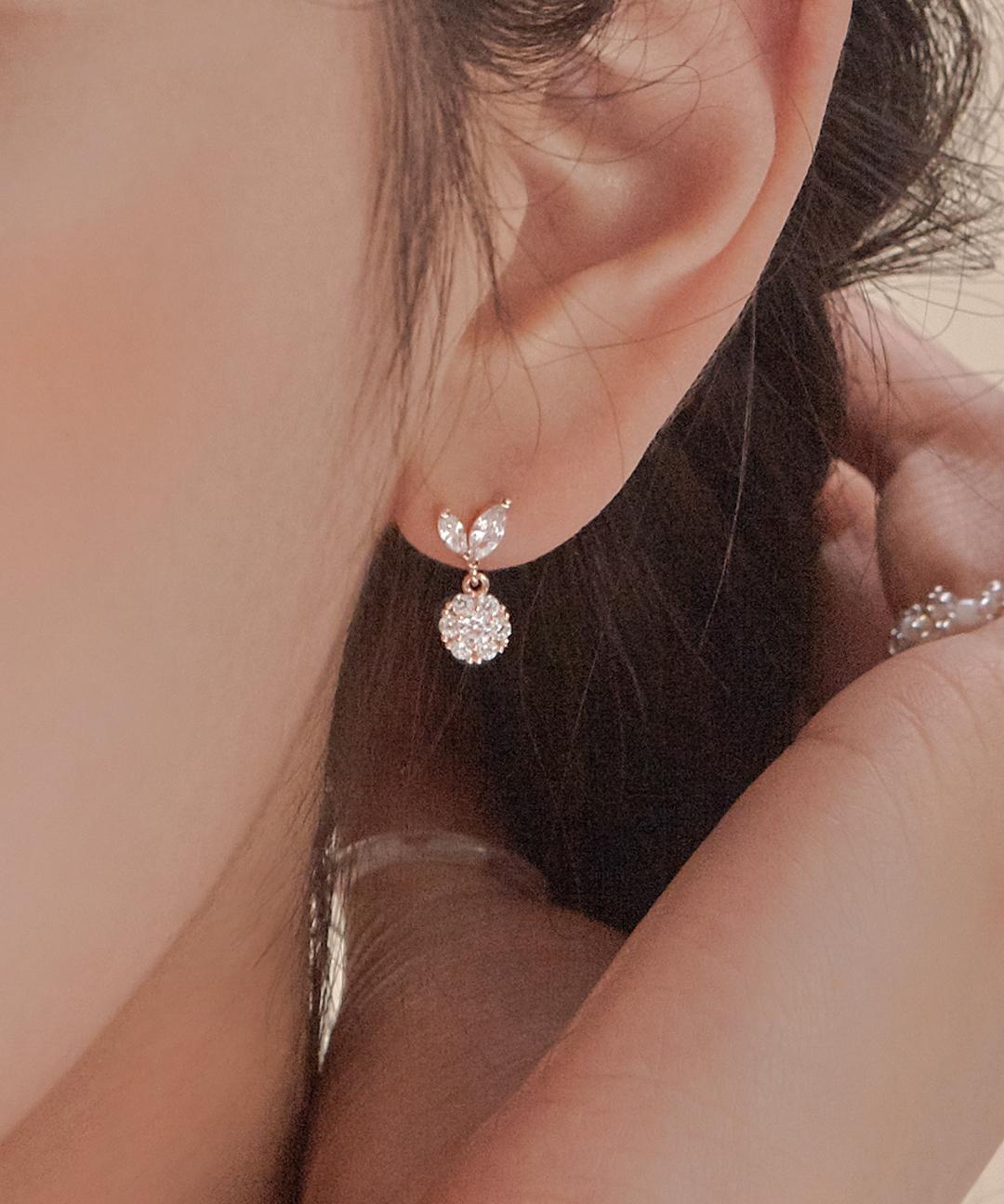 실버925 리프 브이 큐빅 미니 드롭 귀걸이/귀찌