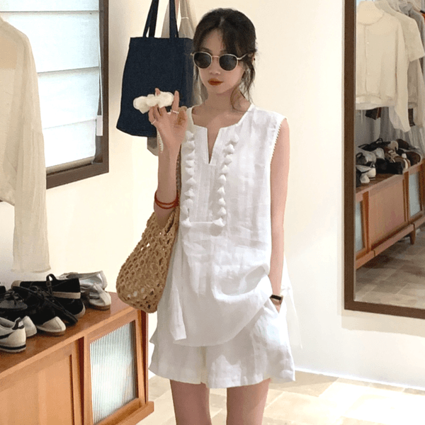 [TO-e493]린넨 테슬 블라우스 & 팬츠 세트