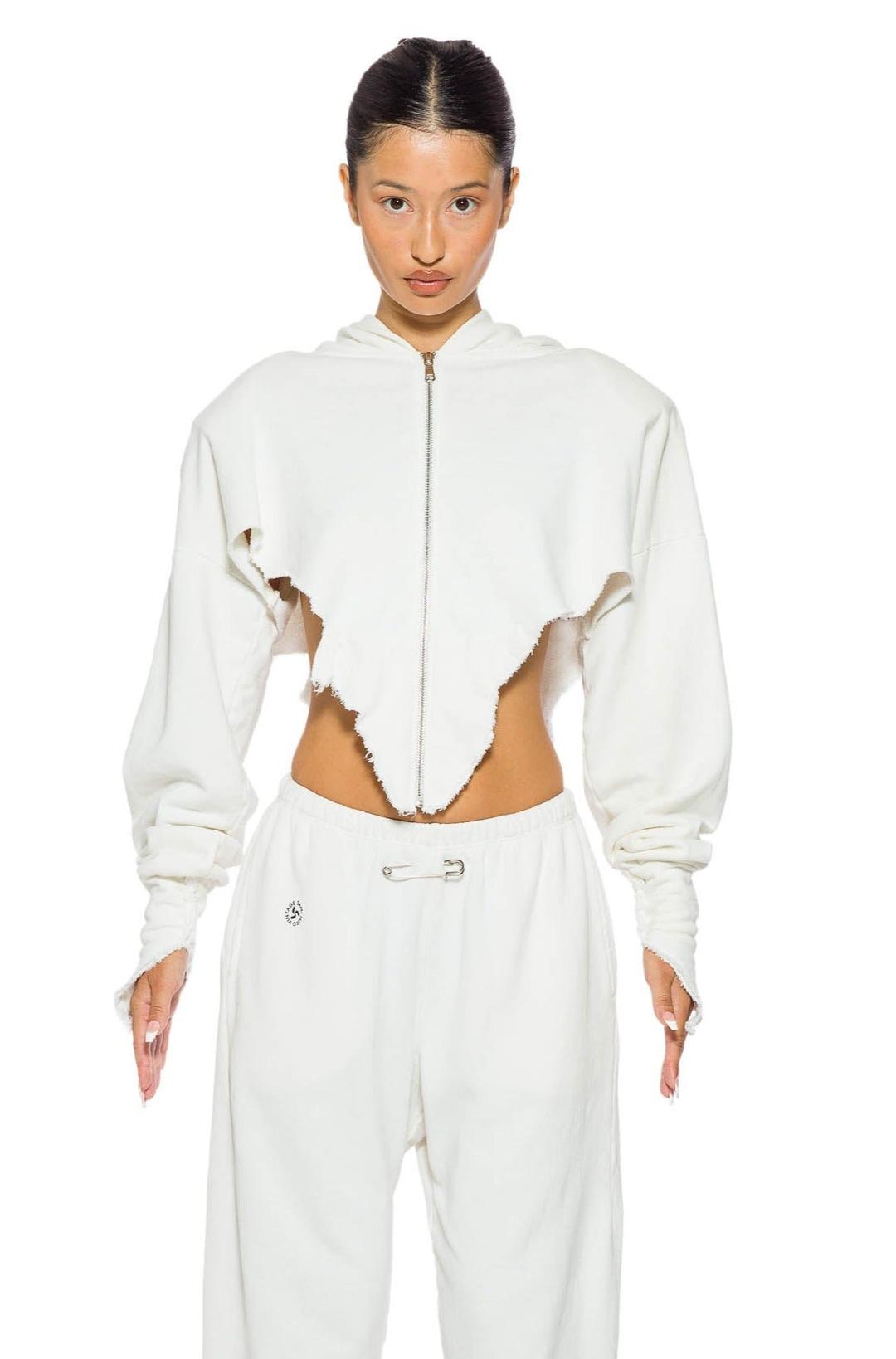 V CUT ZIP-UP HOODIE IN WHITE TERRY - XS
