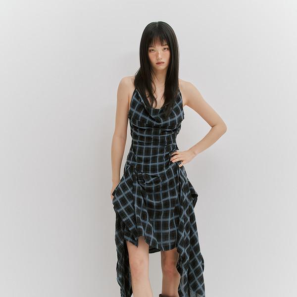 (4차 리오더) CHECK DRAPED LONG SKIRT - BLACK