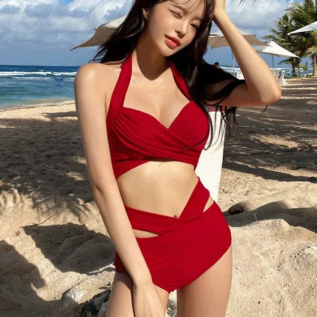(3시이전 당일발송) 베르 비키니 상하의 사이즈 교차선택 가능 셔링 꼬임 크로스 홀터넥 하이웨스트 수영복 레드 브라운 화이트 블랙