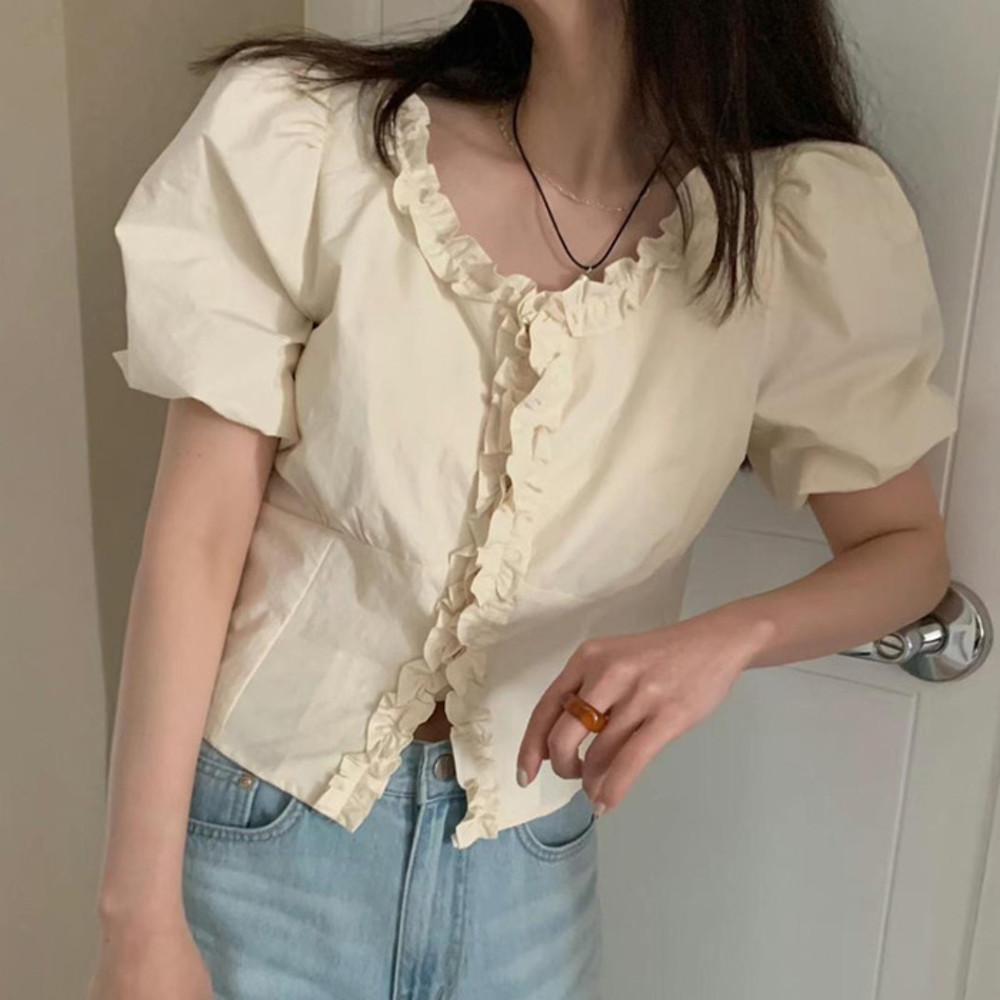 SALE멜라운지 더블 프릴 퍼프소매 블라우스 - 아이보리 당일발송
