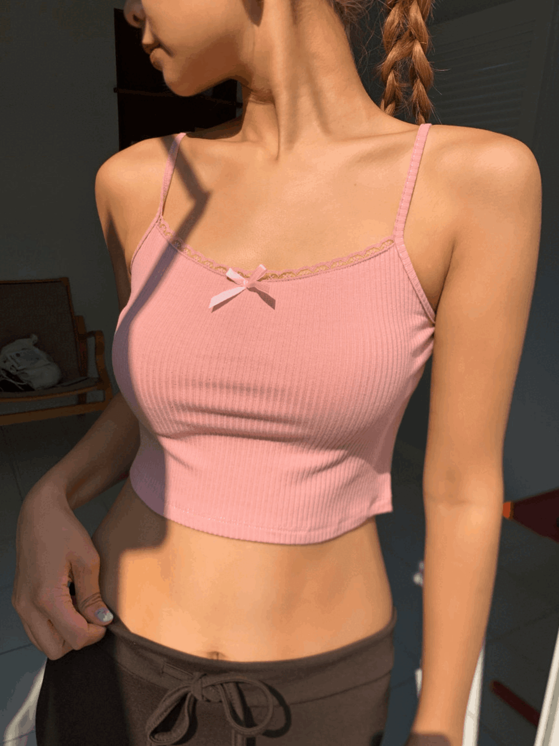 [무배/1+1할인] 레이스 리본 골지 크롭 나시