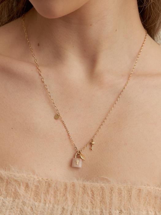 Rose quartz Lock Heart Long Necklace_NZ1137