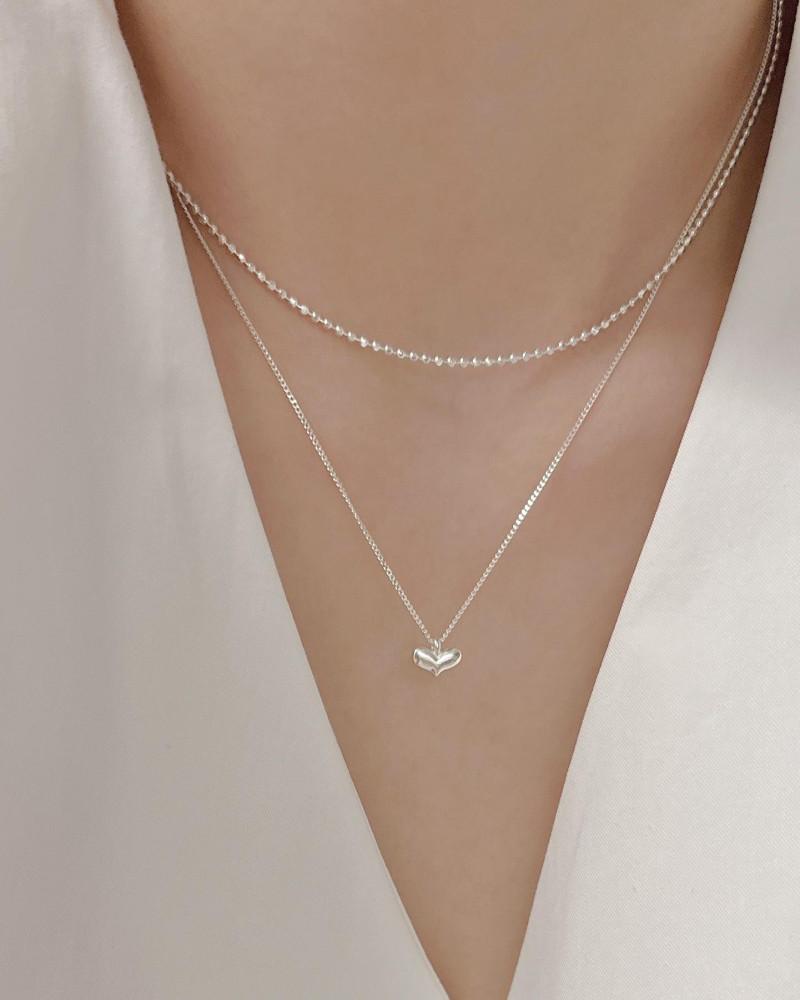 [신상할인] 실버925 하트 컷팅볼 두줄 레이어드 목걸이 세트 (실버,로즈골드)
