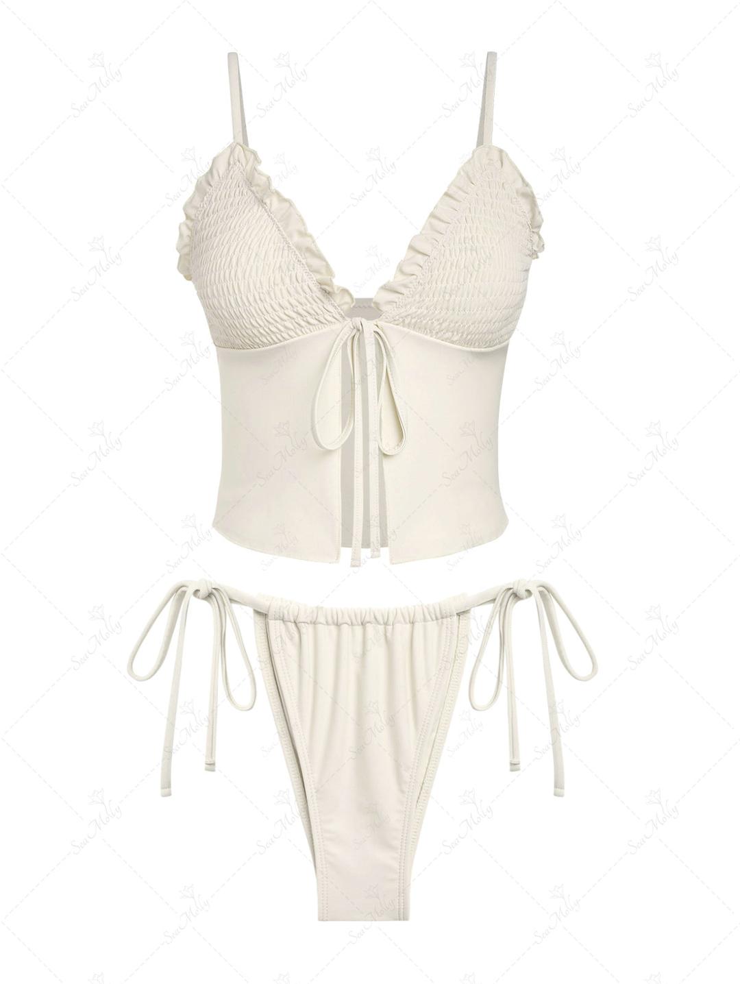 Seamolly Solid Color Smocked Ruffles Tie Side Tankini Set