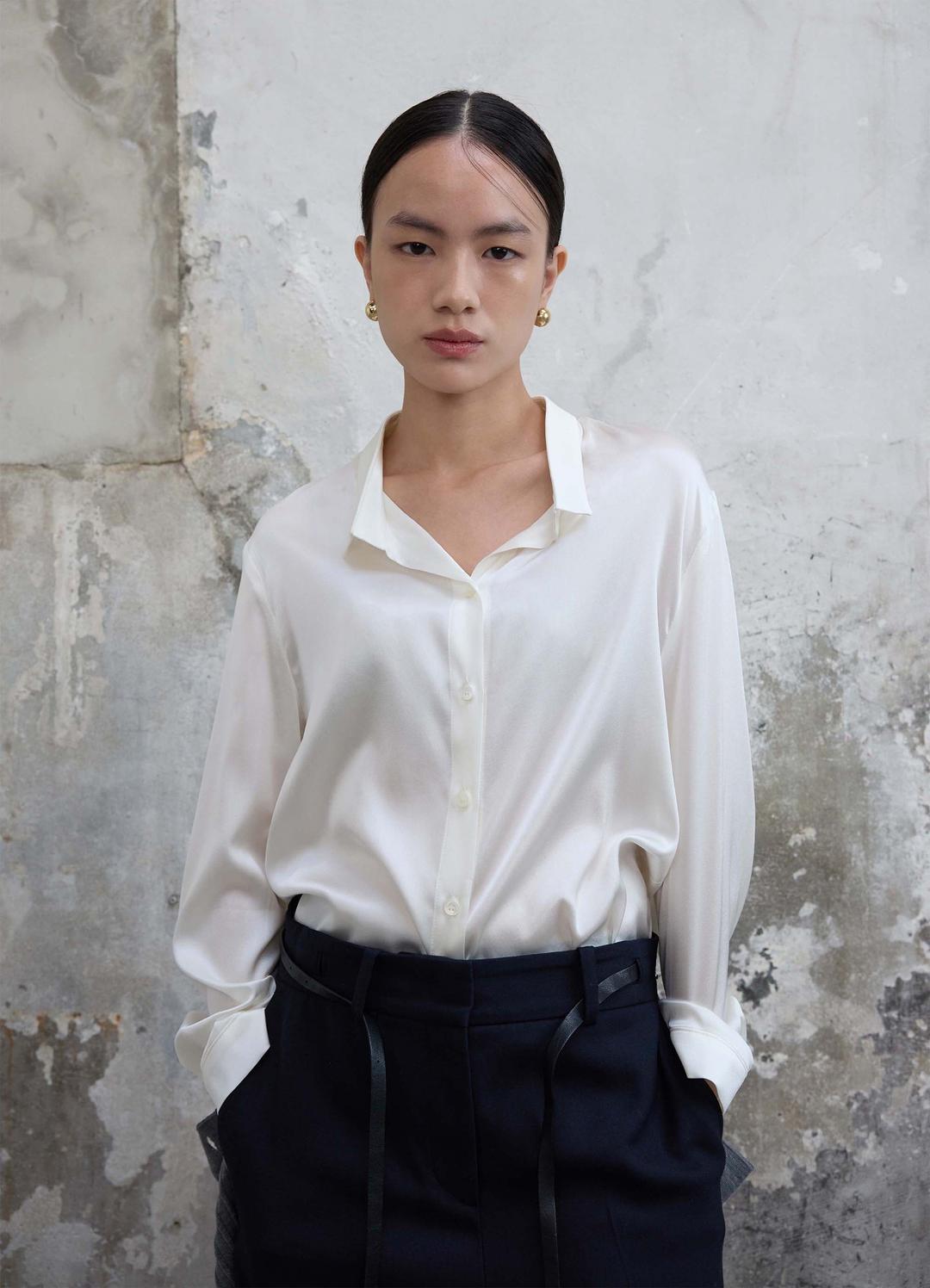 Vintage Collar Silk Shirt White