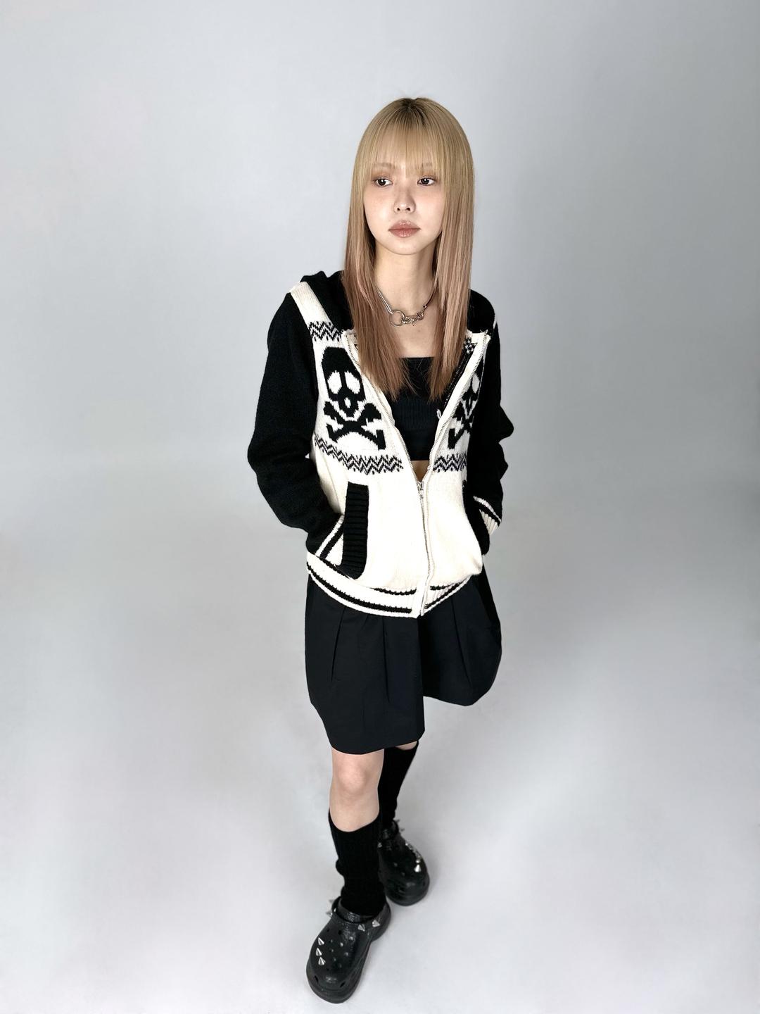 skull knit hood zip-up