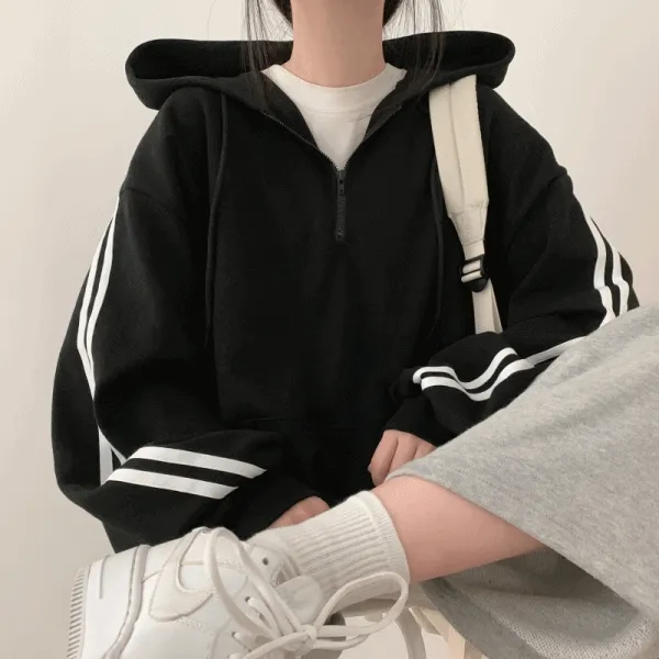 무지 두줄 반집업 루즈핏 후드티 [4color]