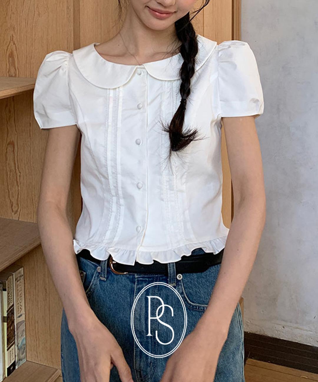 파라다이스키스 벨비 화이트 라운드칼라 핀턱 레이스 프릴 퍼프소매 반팔 블라우스