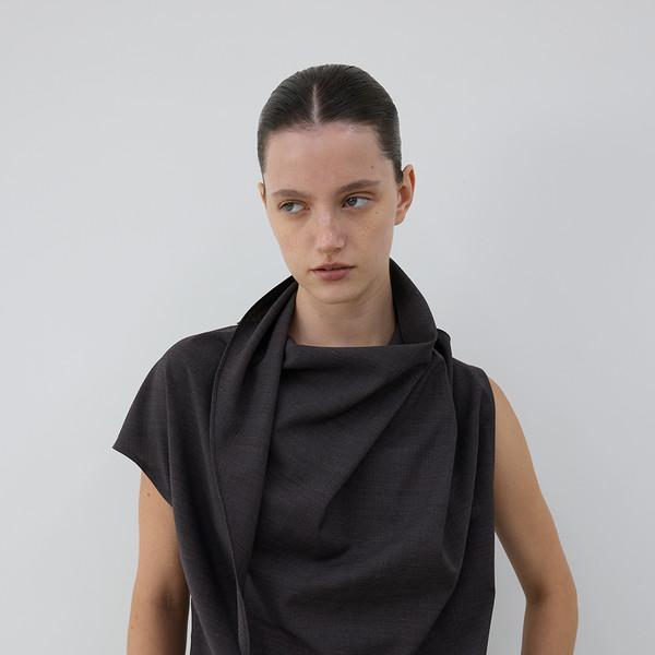 WOOL BLEND SCARF BLOUSE - CHARCOAL BROWN