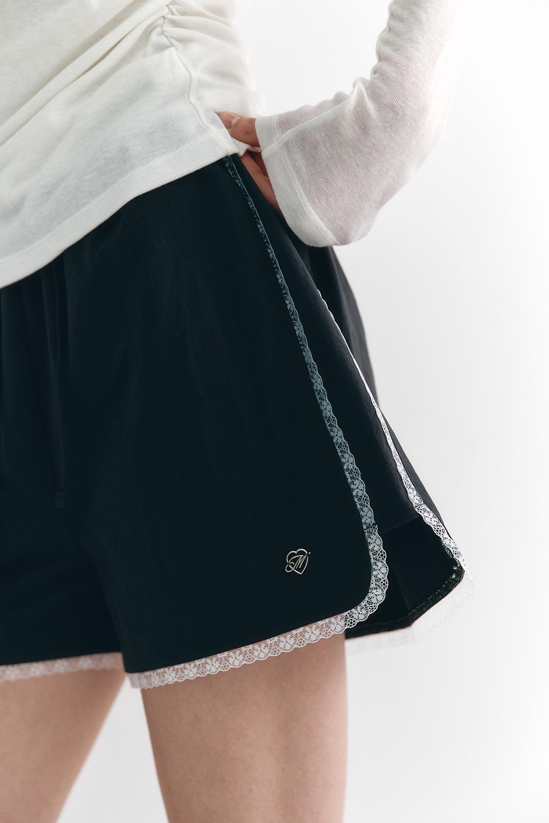 Lace Trimming Logo Shorts Charcoal