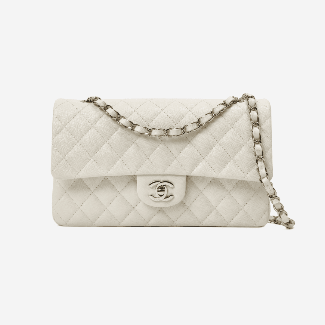 Chanel Medium Classic Handbag Grained Calfskin & Gold White