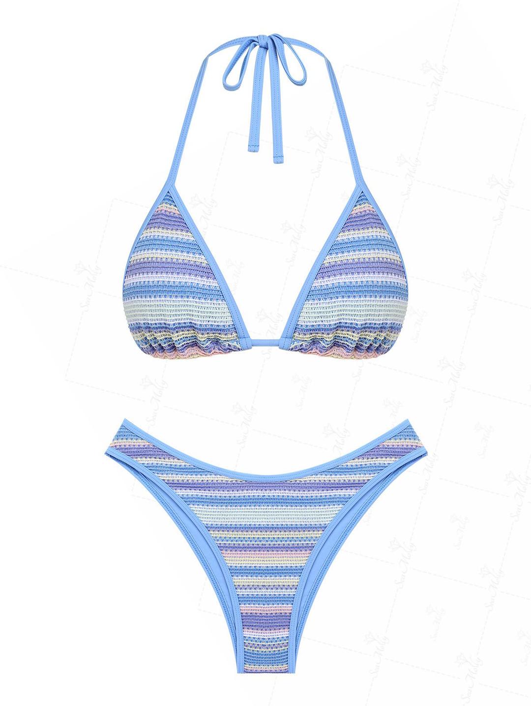 Seamolly Striped Halter Triangle Binding Cheeky Bikini Set