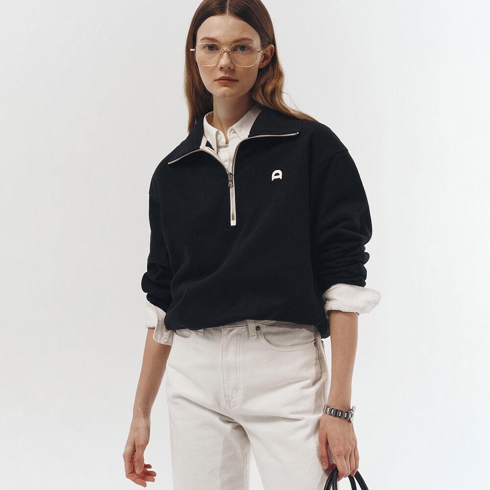 UNISEX LEATHER LOGO HALF ZIP-UP SWEATSHIRT BLACK_UDTS3A107BK