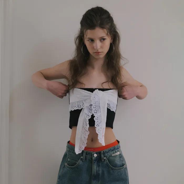 COTTON EYELET TUBE TOP_BLACK/WHITE