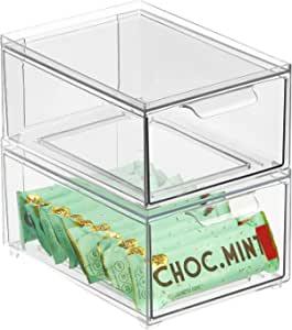 mDesign Stackable Storage Containers Box with Pull-Out Drawer - Stacking Plastic Drawers Bins for Kitchen Pantry and Cupboard, Cabinet, Counter, Island and Tables - Lumiere Collection - 2 Pack - Clear