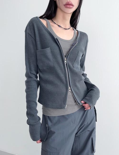 waffle pocket V neck zip-up