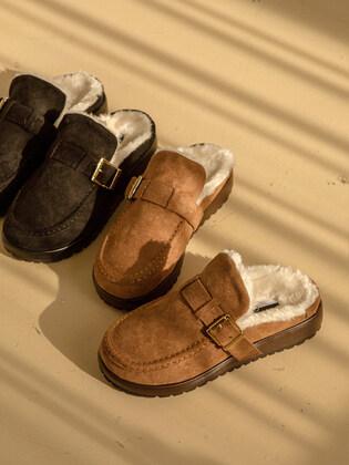 스퀘어 버클 퍼 슬리퍼 (2color)