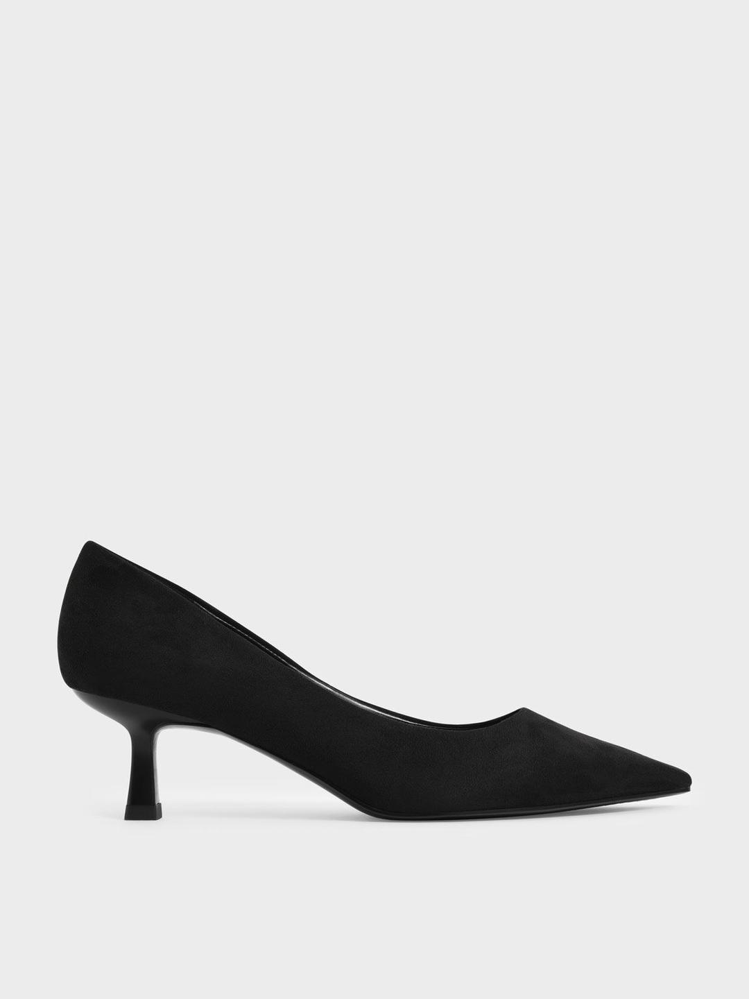 Pointed Kitten Heel Textured Pumps - Black Textured