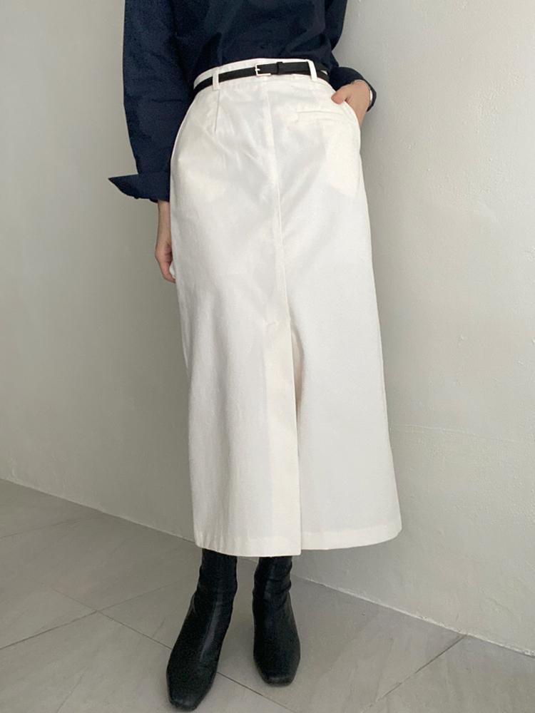하이웨스트 코튼 H라인 벨트 롱 슬릿 가을스커트