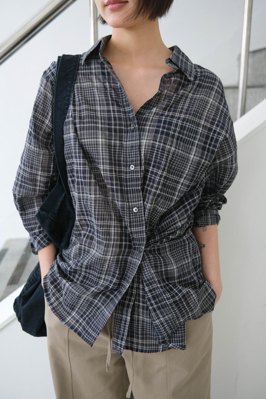Sheer check wrap shirt