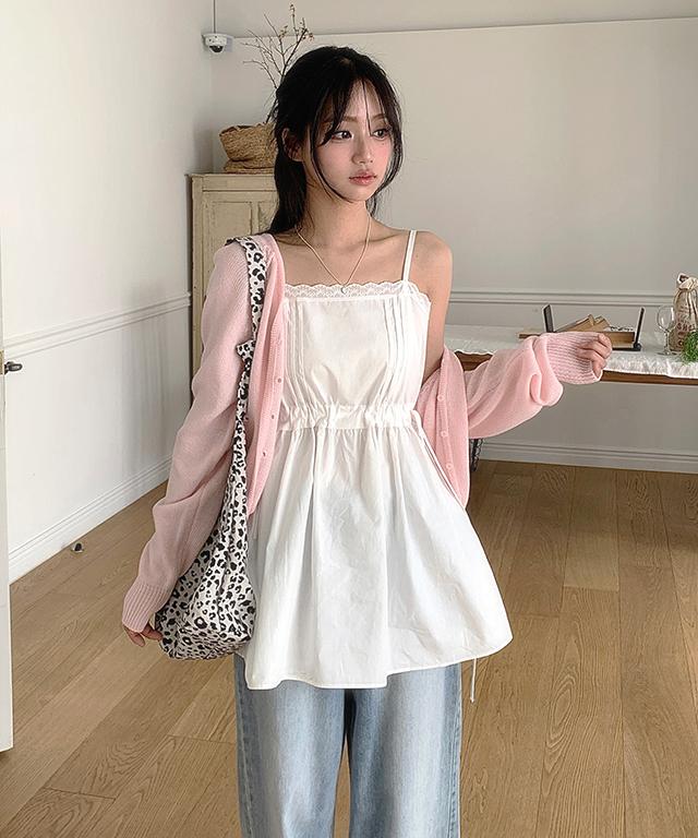 클래식블랑 [만능레이어드💗길이조절👍] 봄바람 나시 스퀘어넥 코튼 레이스 스트링 리본 A라인 원피스 뷔스티에 블라우스 봄 여름 / 벚꽃룩 휴가룩 휴양지룩 캠퍼스룩 클래식블랑