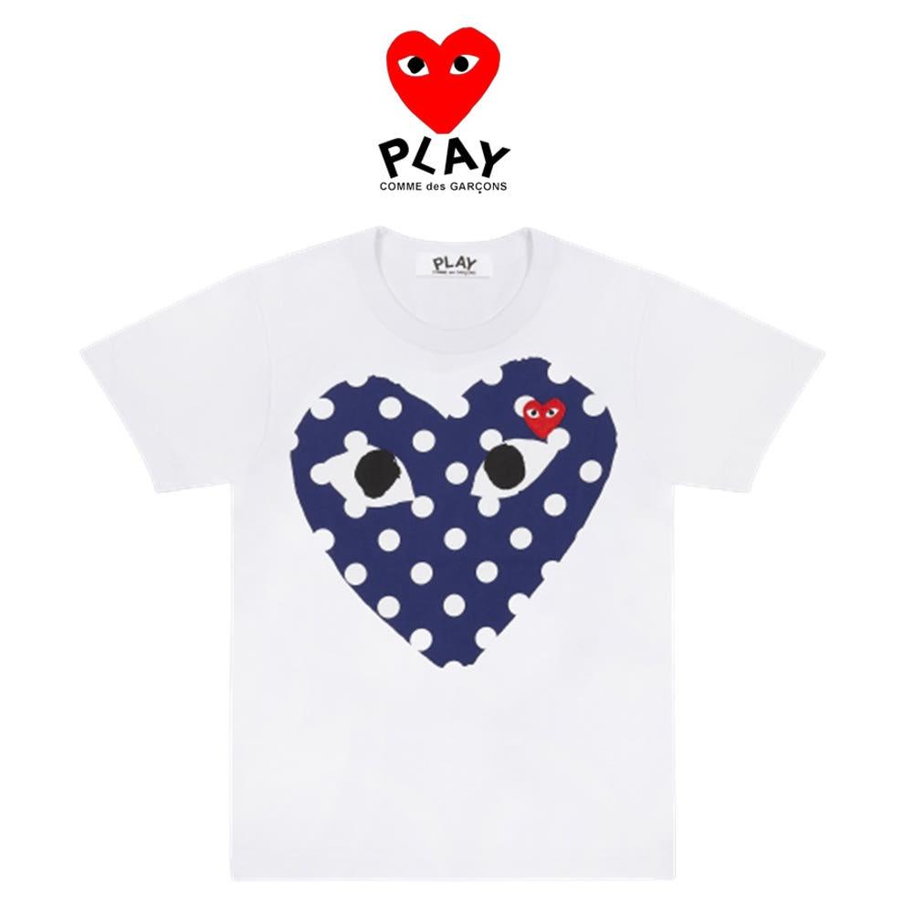 꼼데가르송 남성 폴카 도트 빅하트 화이트 반팔 티셔츠 / 레드와펜