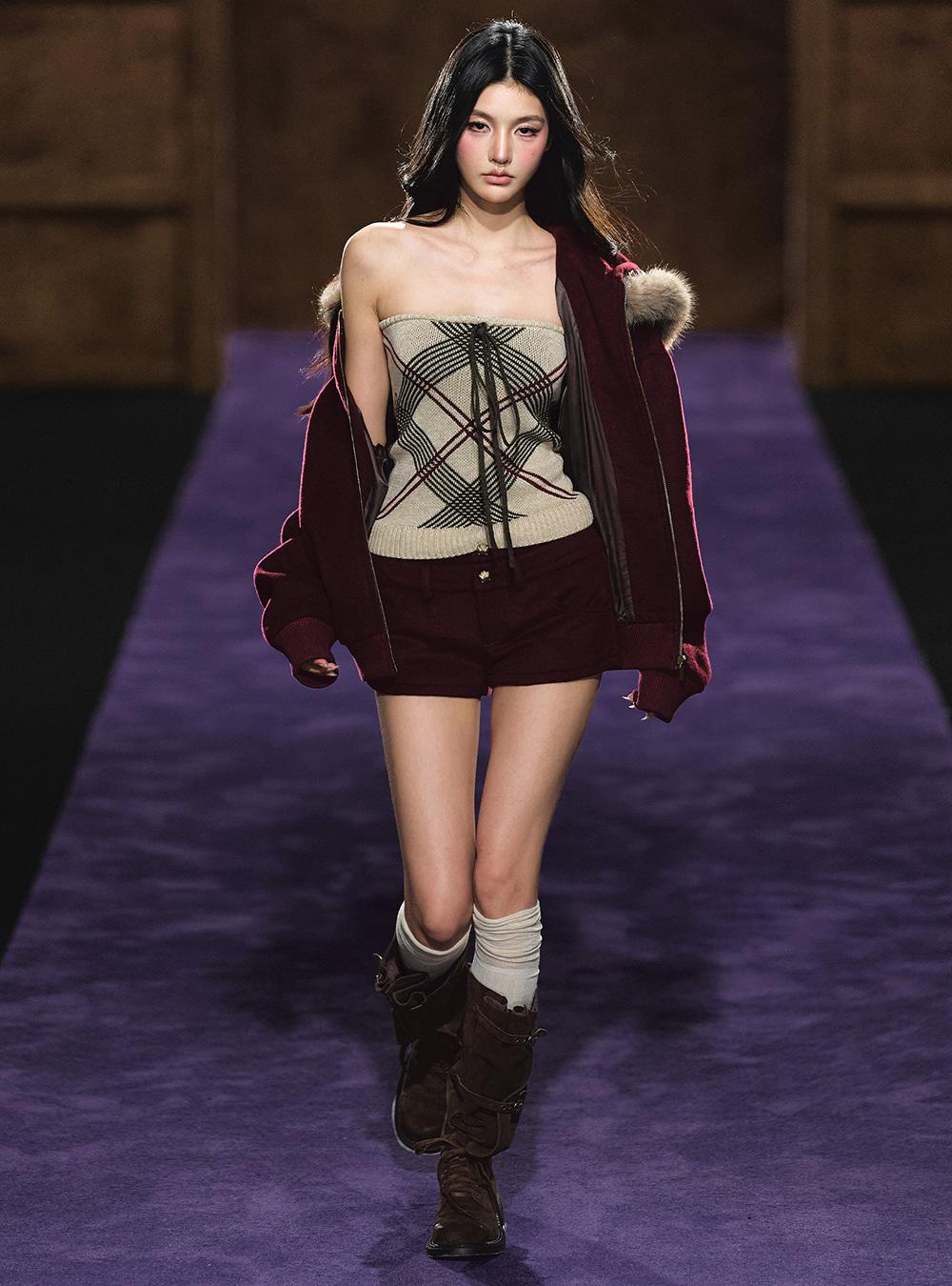 Red Plaid Wool Bandeau Top