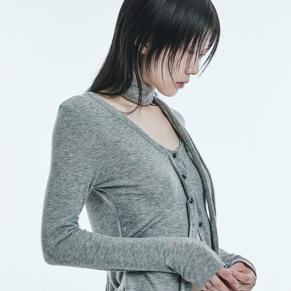 Knit cut off unblanced button cardigan melange grey
