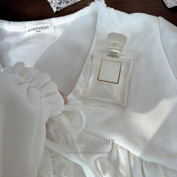 [당일/극세사/+빅사이즈] #B.Night 윈터 청순 화이트 극세사 기모 도톰 레이스 리본 가디건 캡내장 나시 팬츠 겨울 3피스 잠옷 파자마 공주 세트 / 패드내장