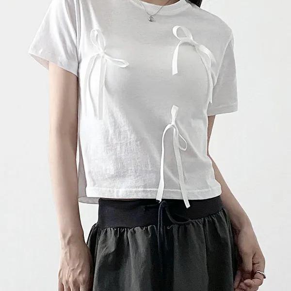 리본 크롭 하프 티셔츠