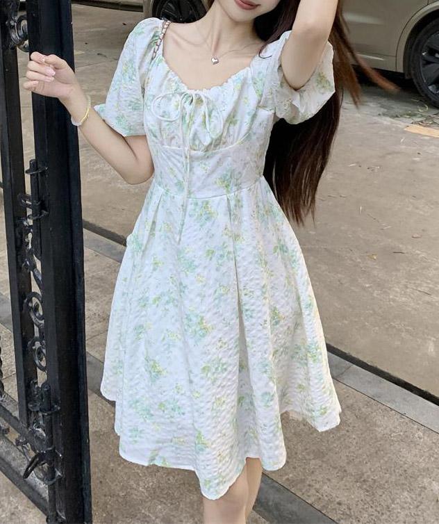 주말 약속 데이트룩 퍼프 슬리브 나염 미니 그린 플로럴 원피스