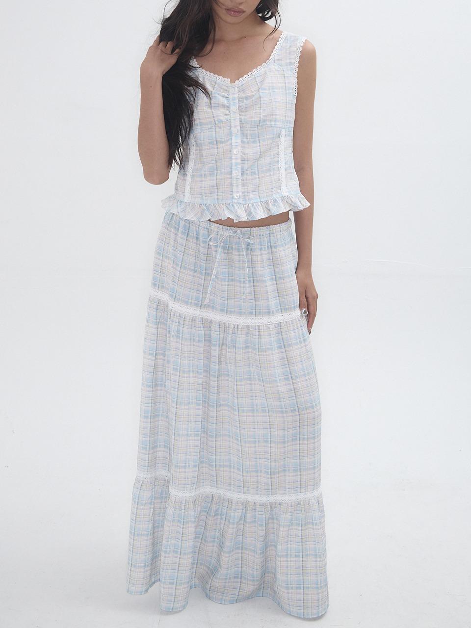 LACE CHECK MAXI SKIRT PALE BLUE