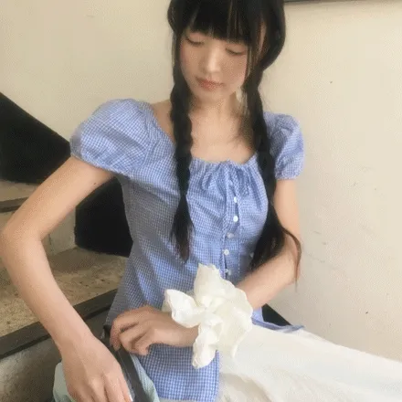 [체크/뒷리본/러블리] 앤더부 체크 리본 퍼프 반팔 블라우스