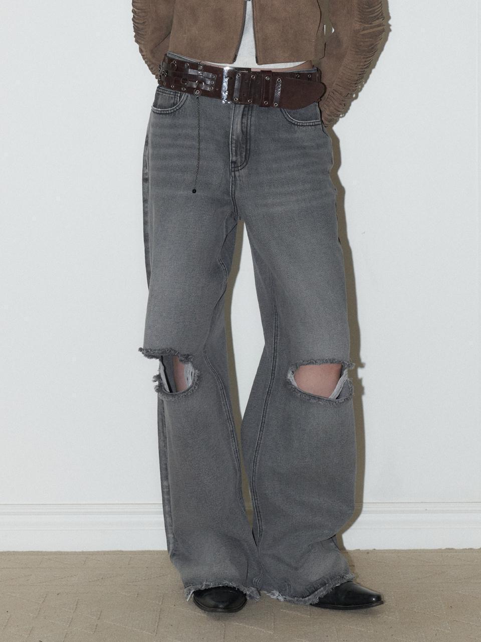 데미지 데님 와이드 팬츠 [GRAY] - (주)원더플레이스