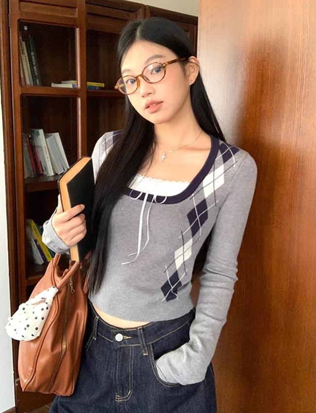 모던 아가일 리본 레이스 니트