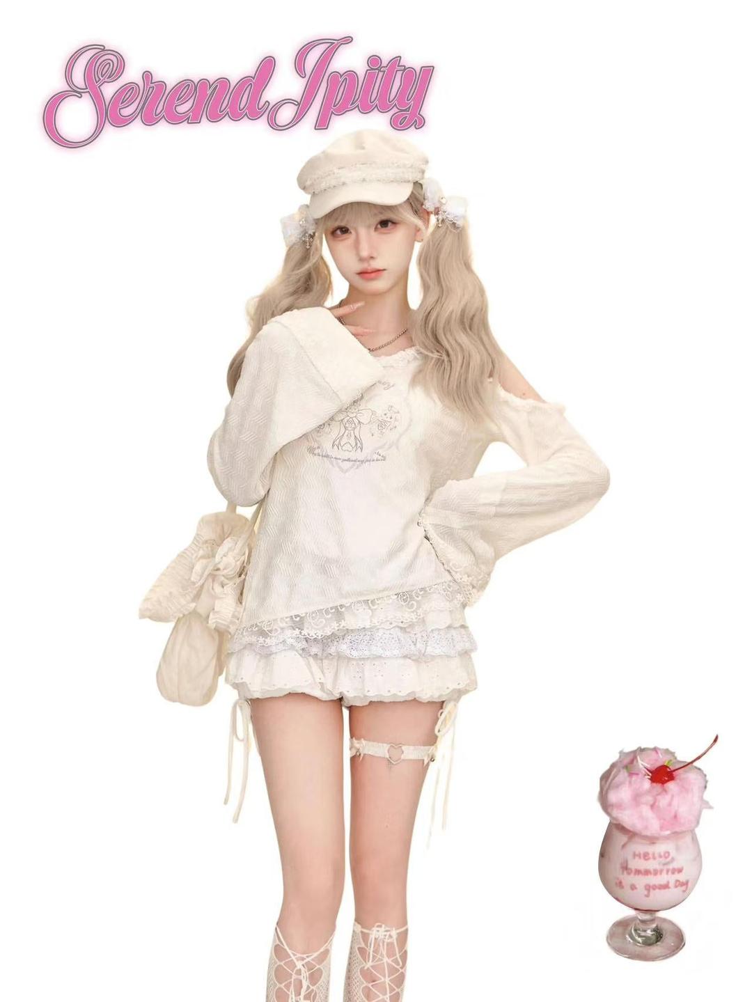 Angel Island Autumn Loose Hooded White Lace Sweater Top + White Cake Pants Skirt - Set (pre-sale) / S / White