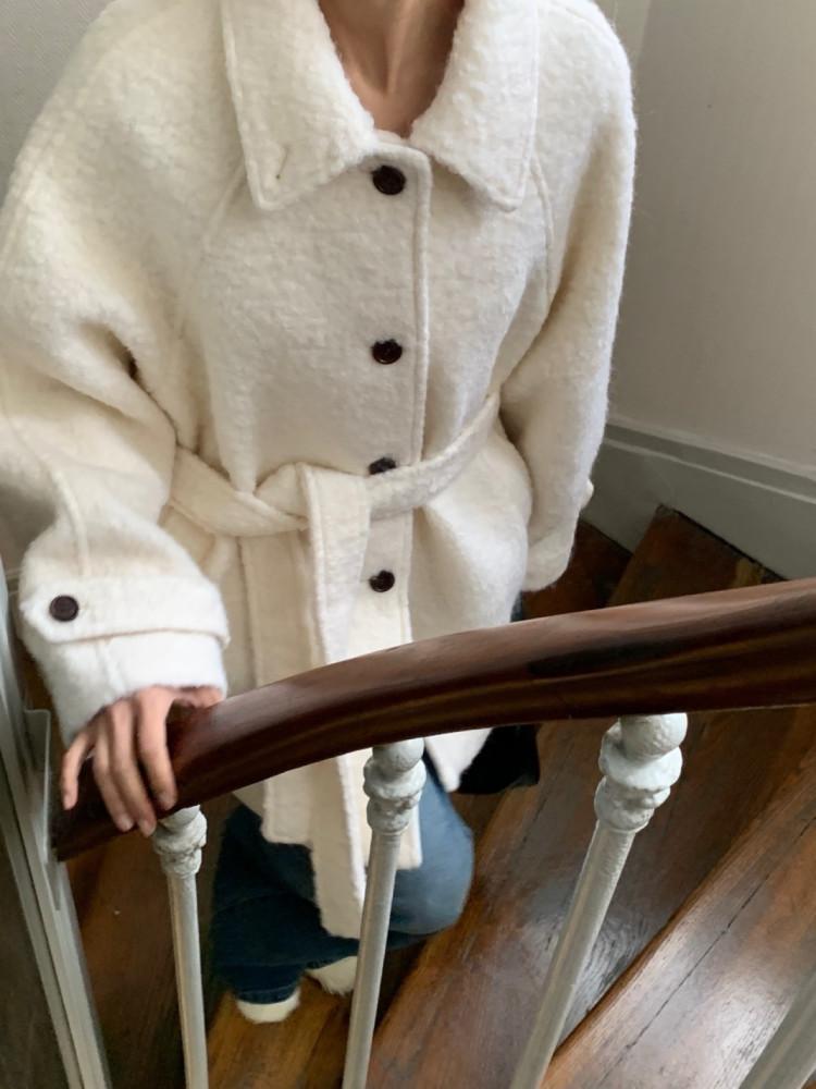 부클 알파카 모헤어 하이넥 하프코트