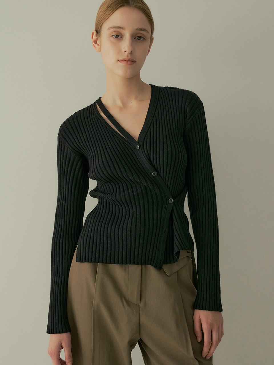 comos 715 neck cutout ribbed knit cardigan (black)