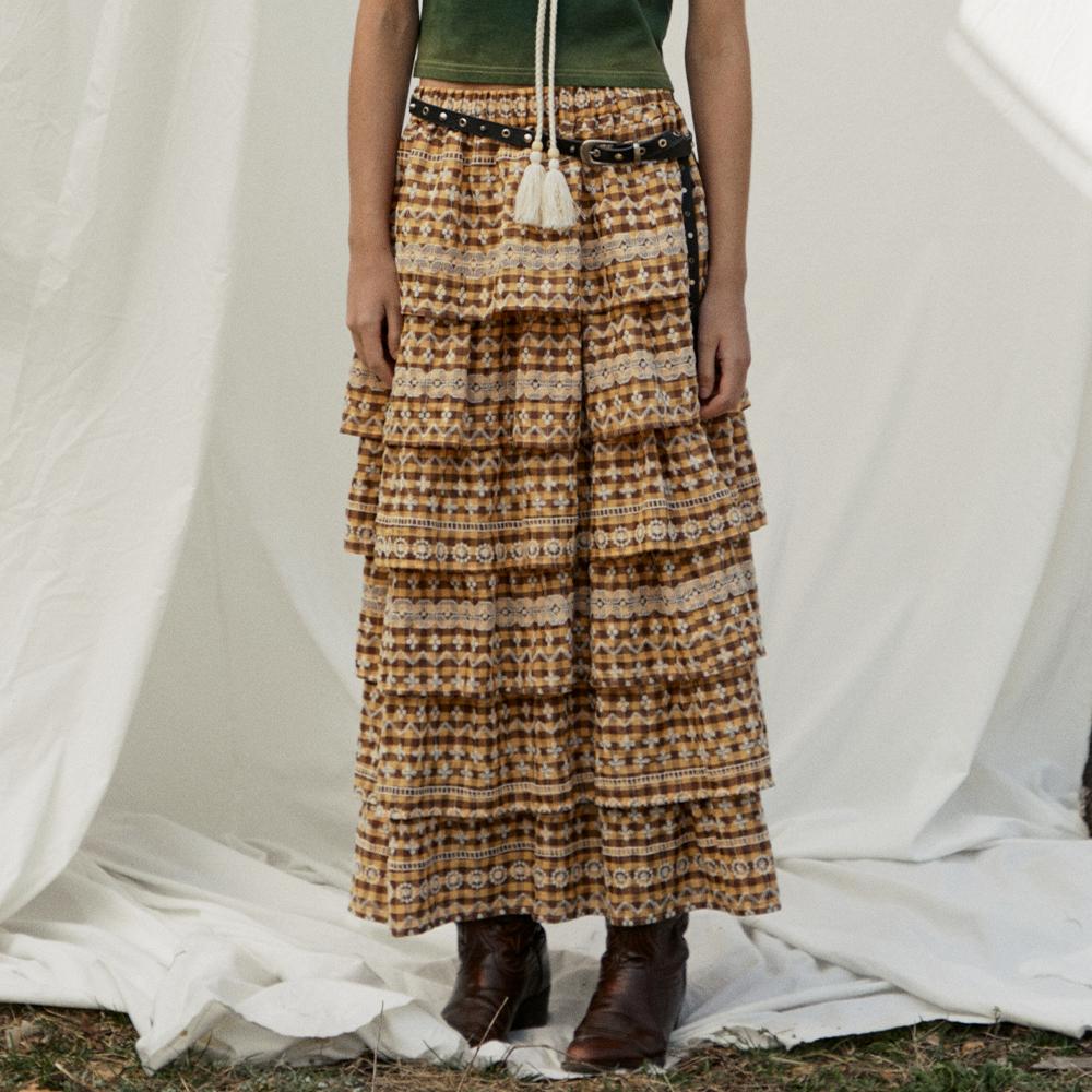 우먼즈 체크 롱 티어드 스커트 옐로우_FR2WS57F