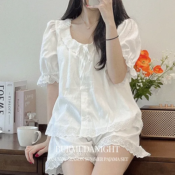 [💌당일/캡내장] 퍼프 화이트 바이올렛 레이스 청순 여름 반팔 반바지 파자마 잠옷 세트 #B.Night #196