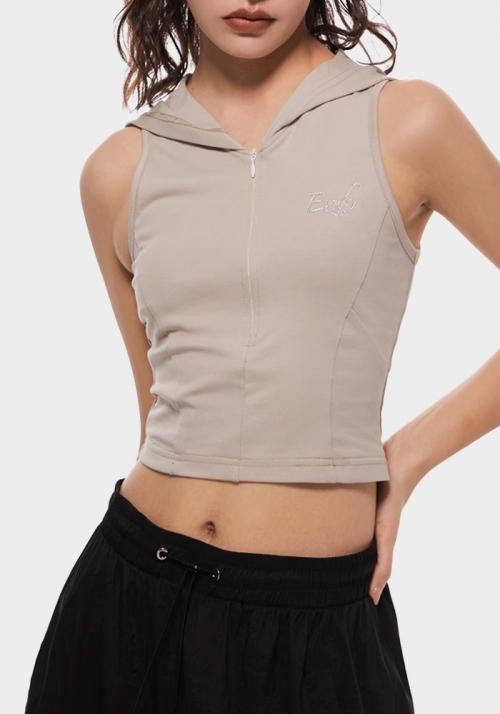 슬림 숏 후드 슬리브리스 티셔츠 (WOMEN)