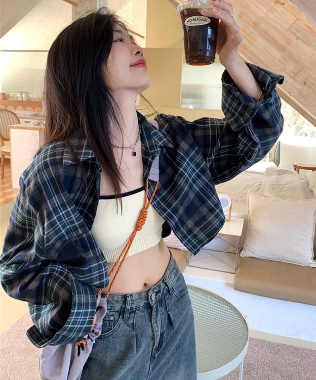 베이 루즈핏 체크 크롭 셔츠