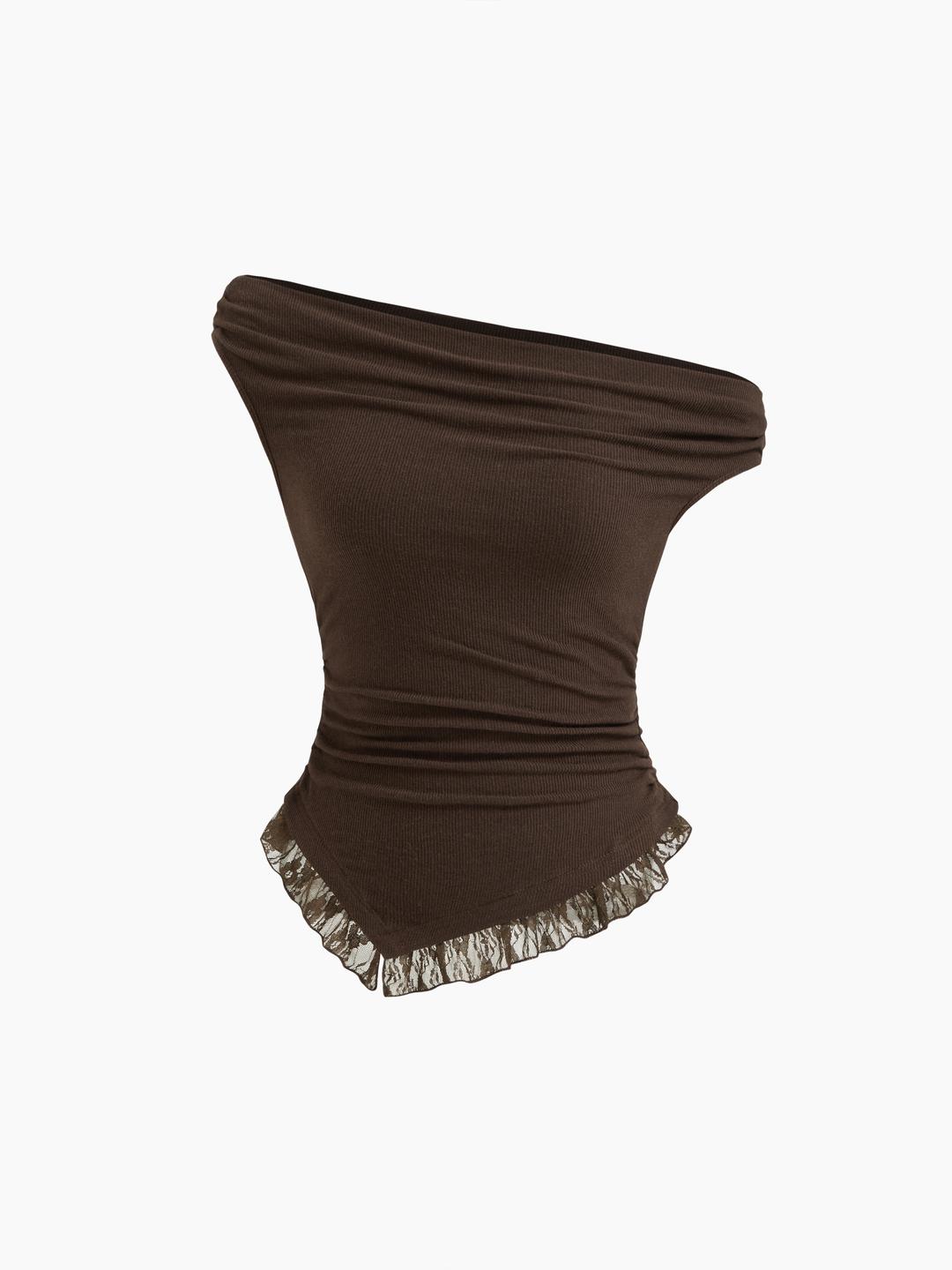 Asymmetrical Neck Lace Trim Ruched Top