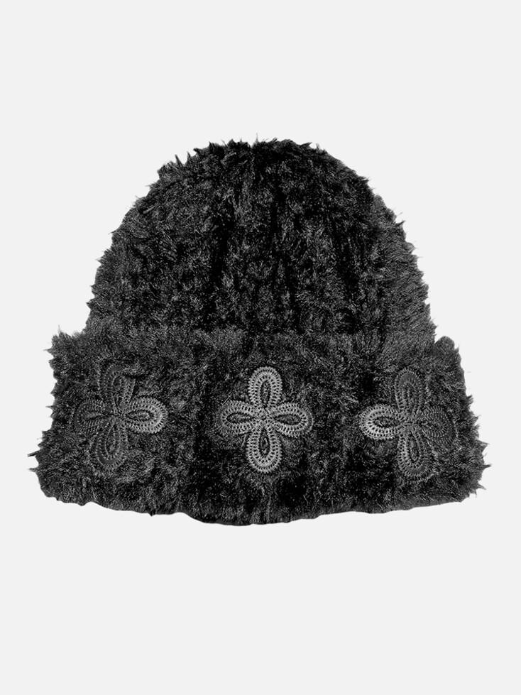 leather patch fur beanie black