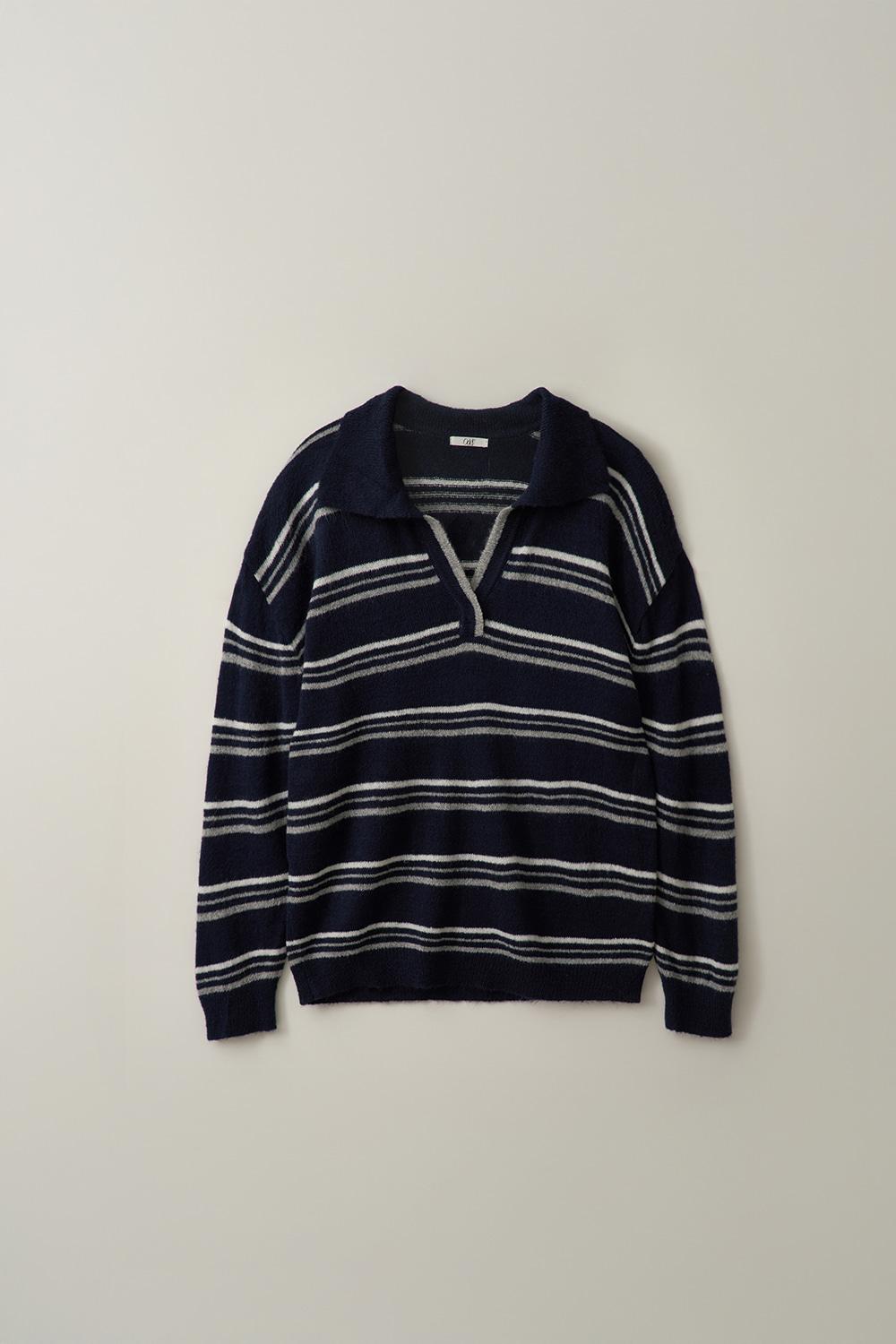 [ 7 영업일 이내 출고 상품] 모헤어 스트라이프 카라 풀오버-네이비