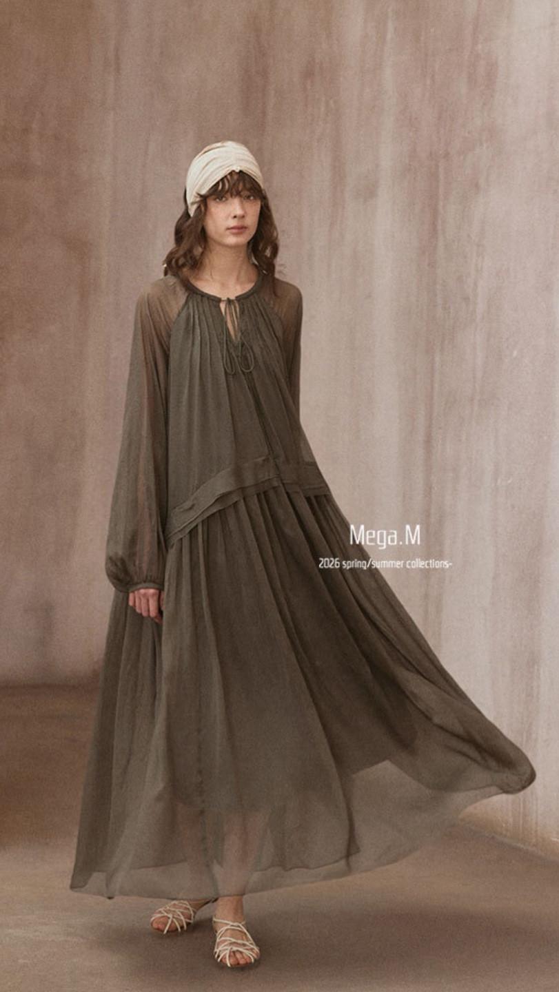 Mega . M 메시 루즈핏 커버업 드레스, 프렌치 레트로  원피스